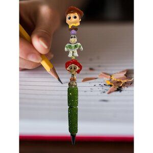 Handcrafted Toy Story Character Decorative Beaded Writing Pen With Glitter Green